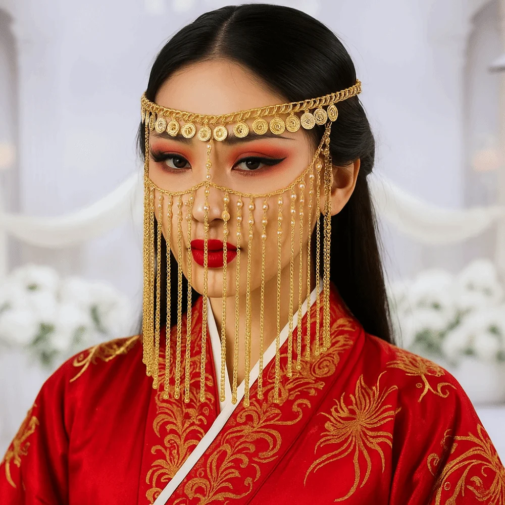 Décor du visage pièce cloche danse du ventre voile de visage strass Style ethnique rideau tête chaîne chapeaux Long gland mascarade masque fille