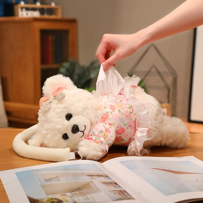 Lying Teddy Bear Tissue Box Cover Plush, Detachable Floral Ruffle Dress Bear Tissue Holder with Carry Handle for gifts.