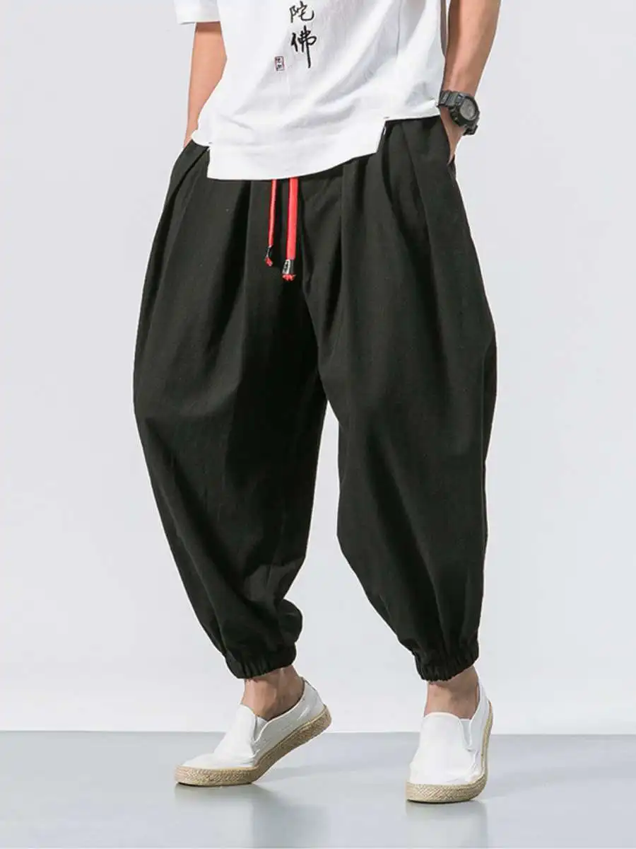 

New Summer Men's Wide Leg Pants Cotton Linen Loose Trousers Harlan Slim Fit Casual Pants Middle Waist Long Trousers