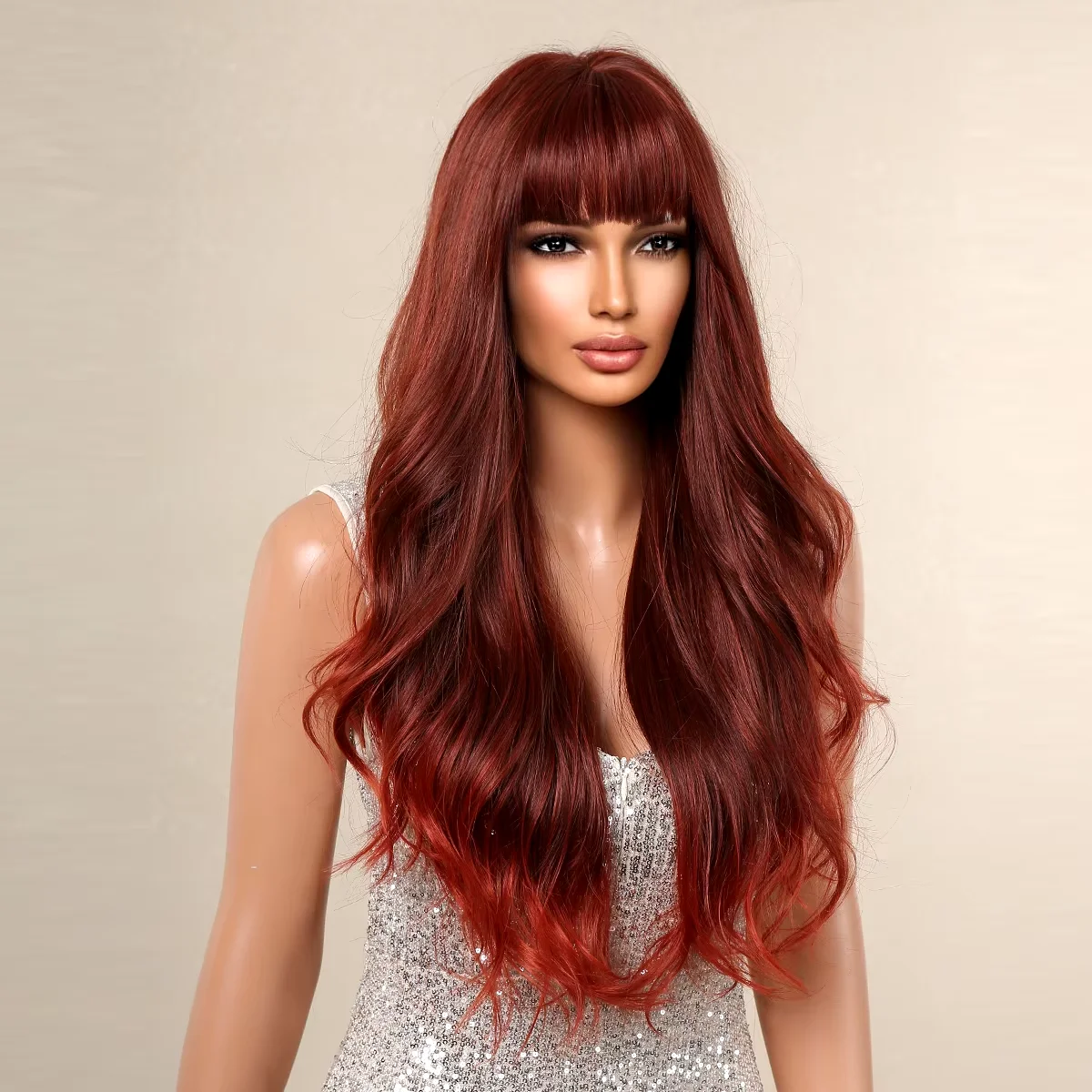 Long Burgundy Wavy Synthetic Wigs for Women Ombre Red Wig with Bangs Daily Party Fake Hair Natural Soft Fiber Wig Heat Resistant