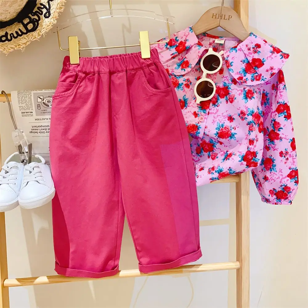 Girls Spring  Autumn Clothes Suit 2023 Children\'s Doll Collar Rose Long-sleeved Shirts + Casual  Pants Two-piece Clothing Sets