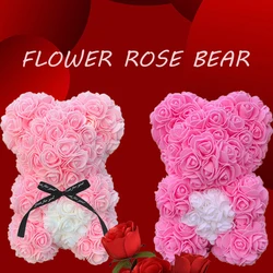 Ours en peluche rose pour femme, ours en fleurs artificielles, coeur de Leon, mariage, anniversaire, cadeaux de Noël, 25cm