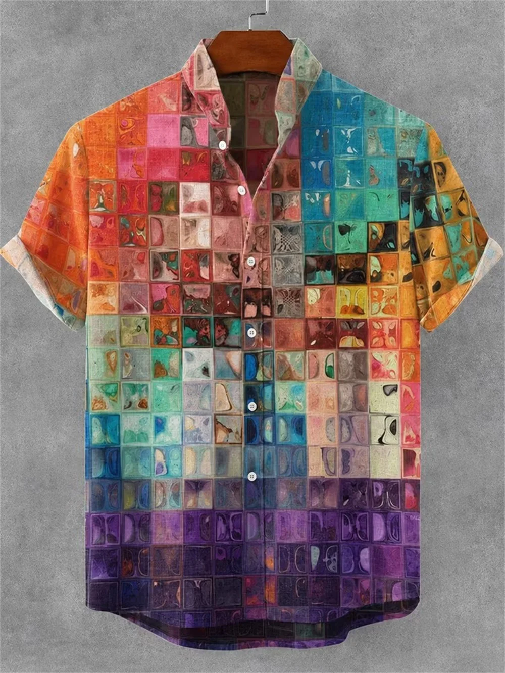 Men's Short Sleeved Linen Shirt Rainbow Square Art Print Casual Lapel Button Shirt Summer Vacation Beach Party Street Casual Top