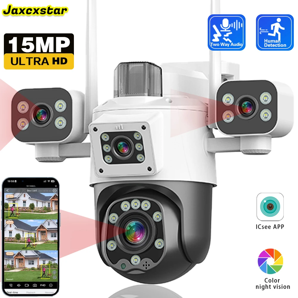 عدسة 15 ميجابكسل 3 3 شاشات فائقة الدقة مقاومة للماء 360 درجة °   كاميرا مراقبة PTZ iCSee Wifi مراقبة ذكية لاسلكية في الهواء الطلق CCTV