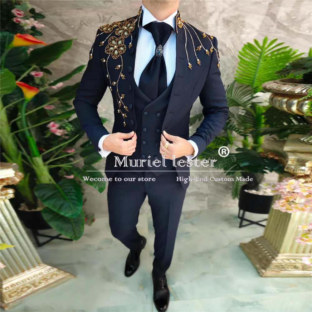 Navy Blue Suits Men For Wedding Gold Beaded Gem Jacket Vest Pants 3 Pieces Groom Tuxedos Slim Fit Formal Party Boyfriend Clothes