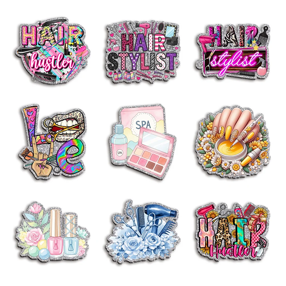 5pcs Cosmetology and Hairdressing Color Glitter Acrylic Flatback for Badge Hair Bow Keychain Reel Clip Decoration