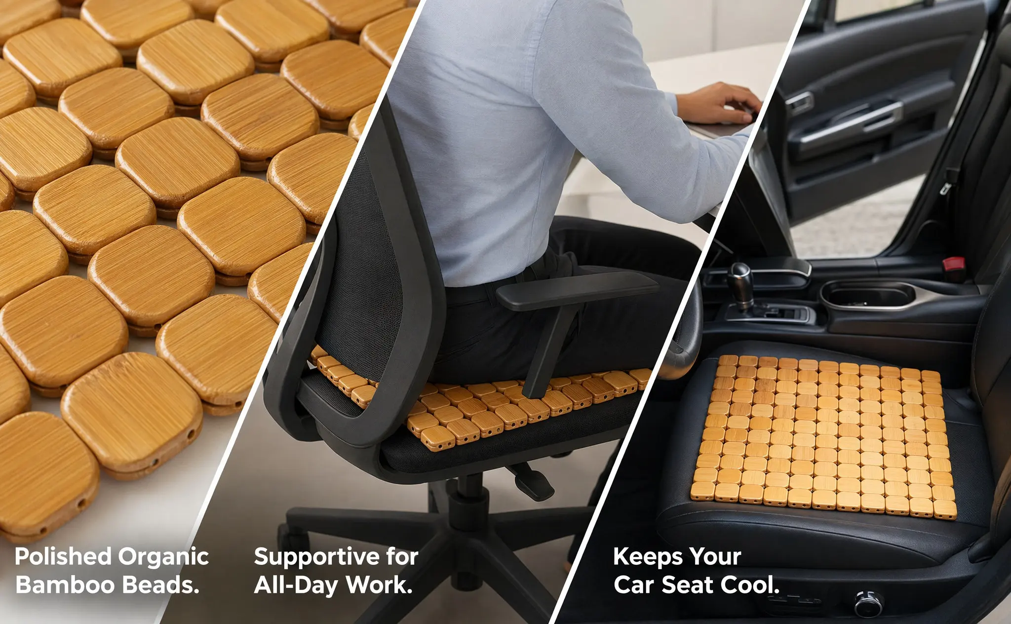 Bamboo Seat Cushion Summer Cooling Car Chair Pad Breathable Thighs Temperature Lowering Durable Edges Long Time Use