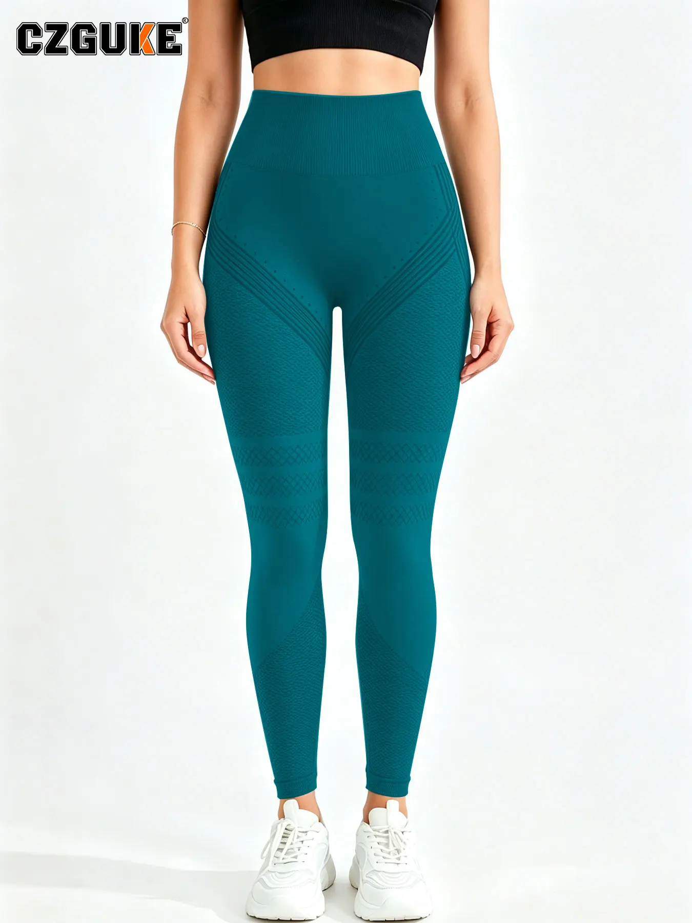 CZGUKE Women High Waist Seamless Geometric Line Textured Knit Yoga Leggings Butt Lifting Tummy Control Stretch Pilates Workout