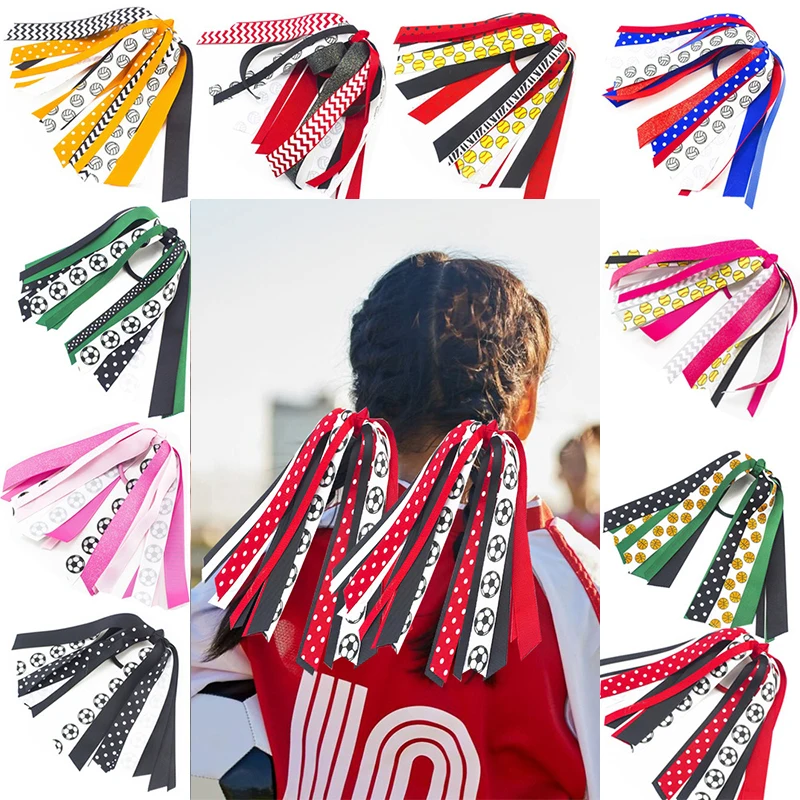 Hot Soccer Ponytail Holders For Women Red Black Glitter Hair Ribbons Streamer Soccer Elastic Hair Ties Band Scrunchies Game Day