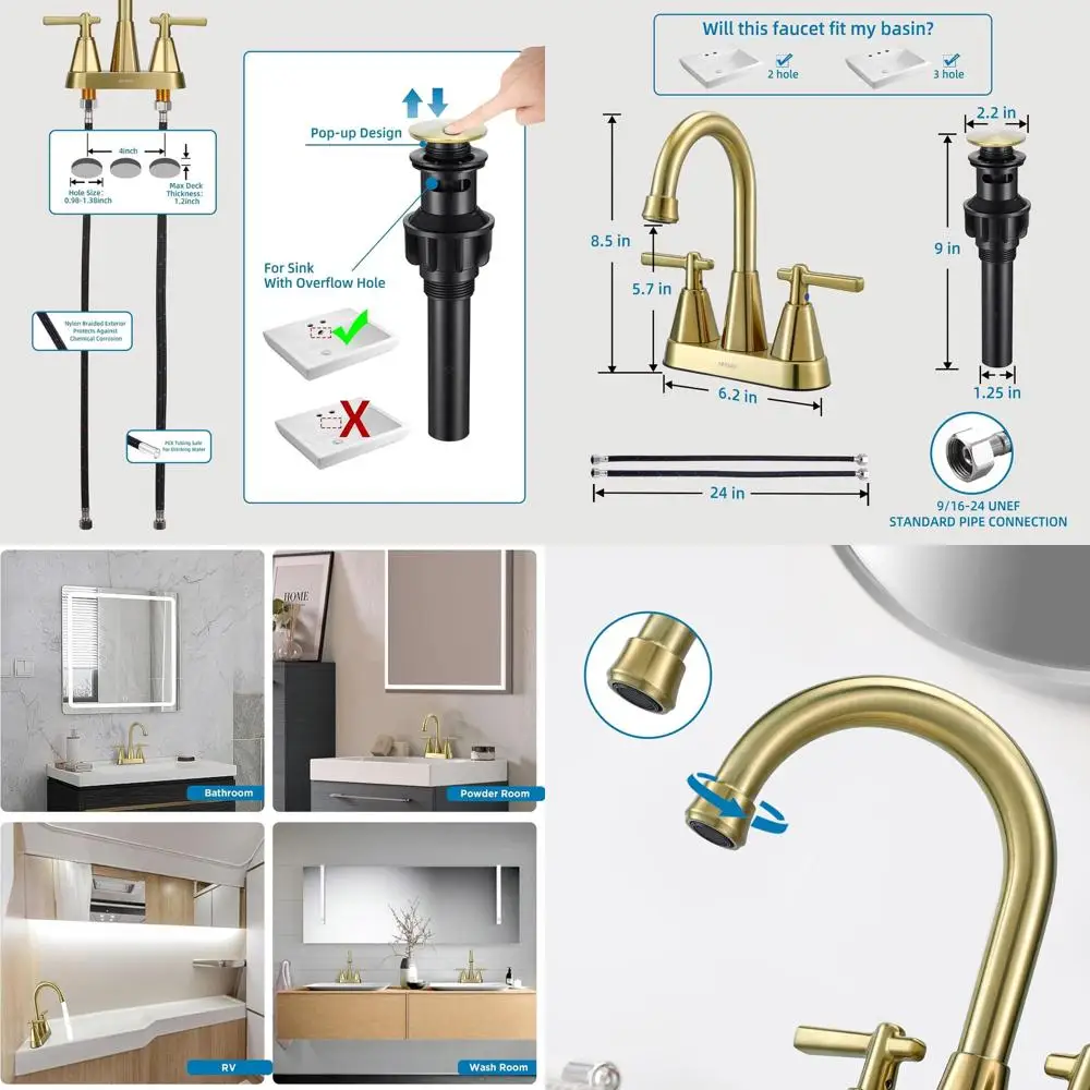 

2-Handle 4 Brushed Gold RV Bathroom Faucet with Pop-Up Drain and 3-Hole Mount