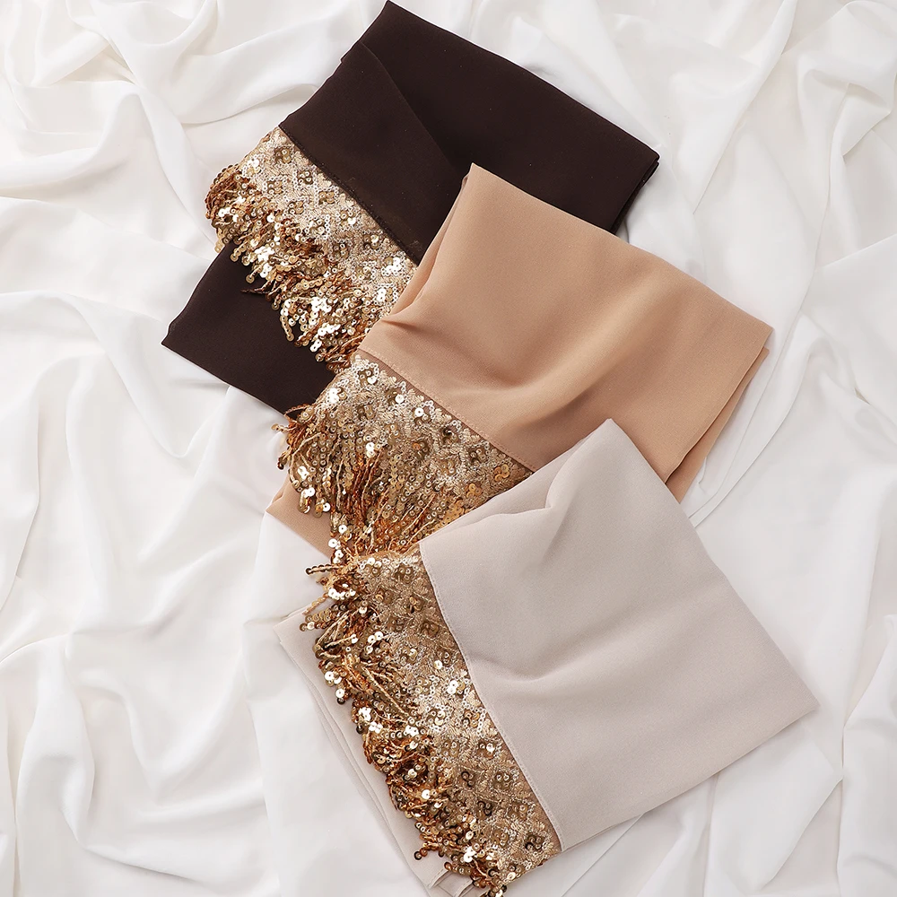 Neuer Pailletten-Quasten-Hijab Luxuriöse Chiffon-Schals Muslimischer Hijab Schlichte Lange Schals Damen Kopftuch Stirnband – Detail 4
