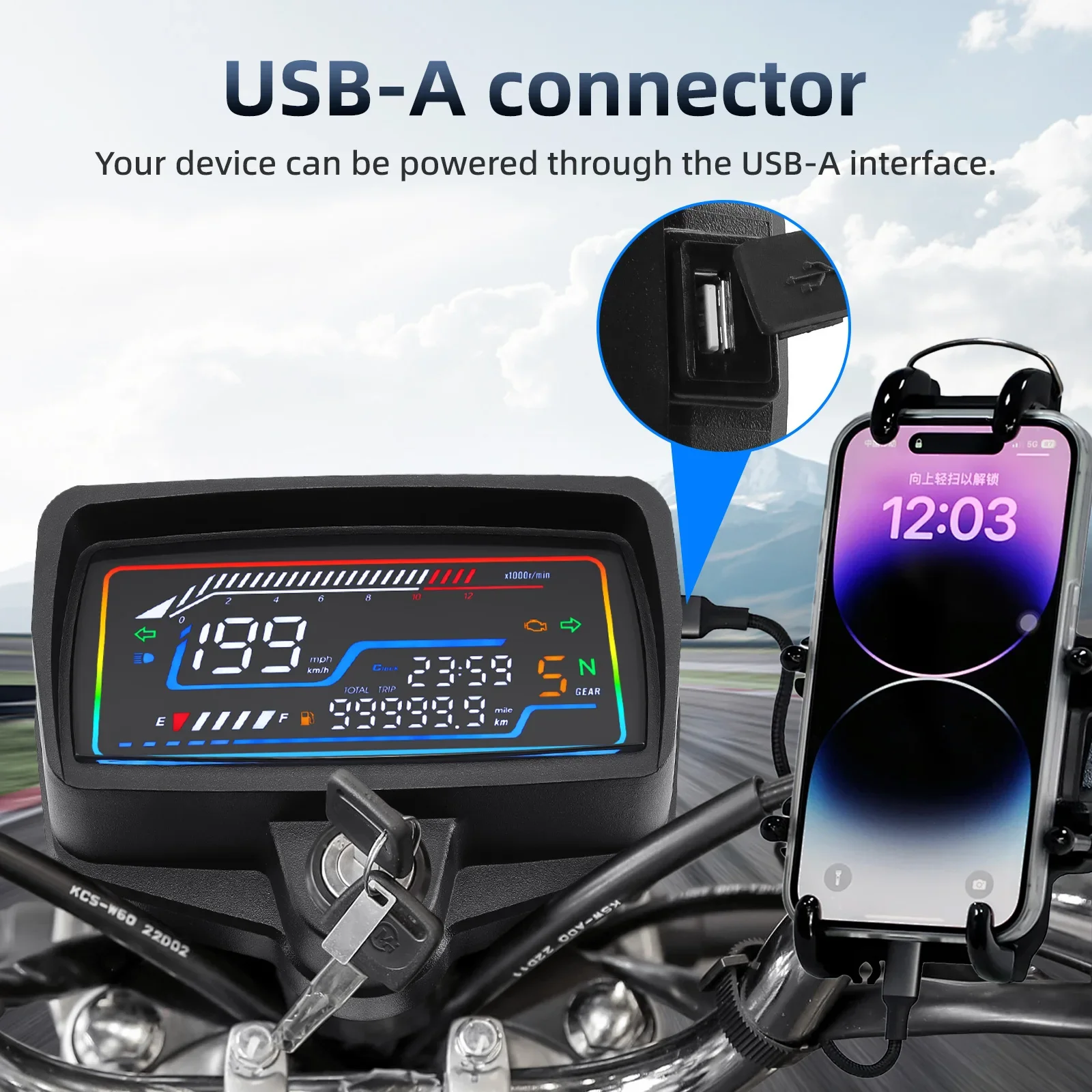 Digital Display Motorcycle Speedometer Odometer Tachometer RPM Fuel Meter Clock Gauge With USB Charging For Honda CG125 CG150