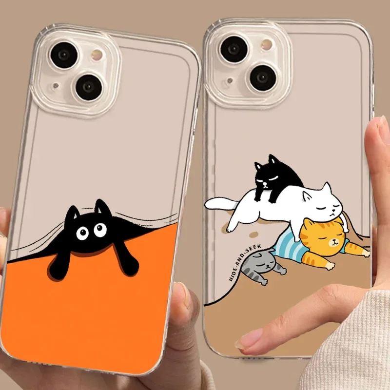 

Cute Cartoon Cat Phone Case For iPhone 16 14 15 13 12 11 Pro Max Mini X XS 7 8 Plus 16E SE Shockproof Transparent Cover Fundas
