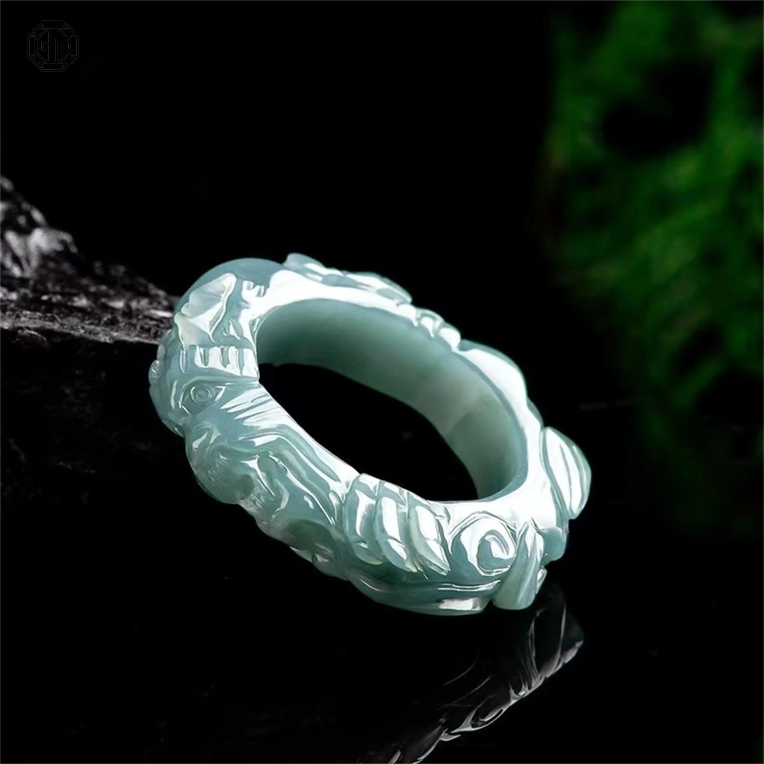 Natural Grade A Jadeite Blue Water Dragon King Three Dimensional Carved Ice Ring Men Thumb Band Exquisite Retro Jewelry Gift view 6