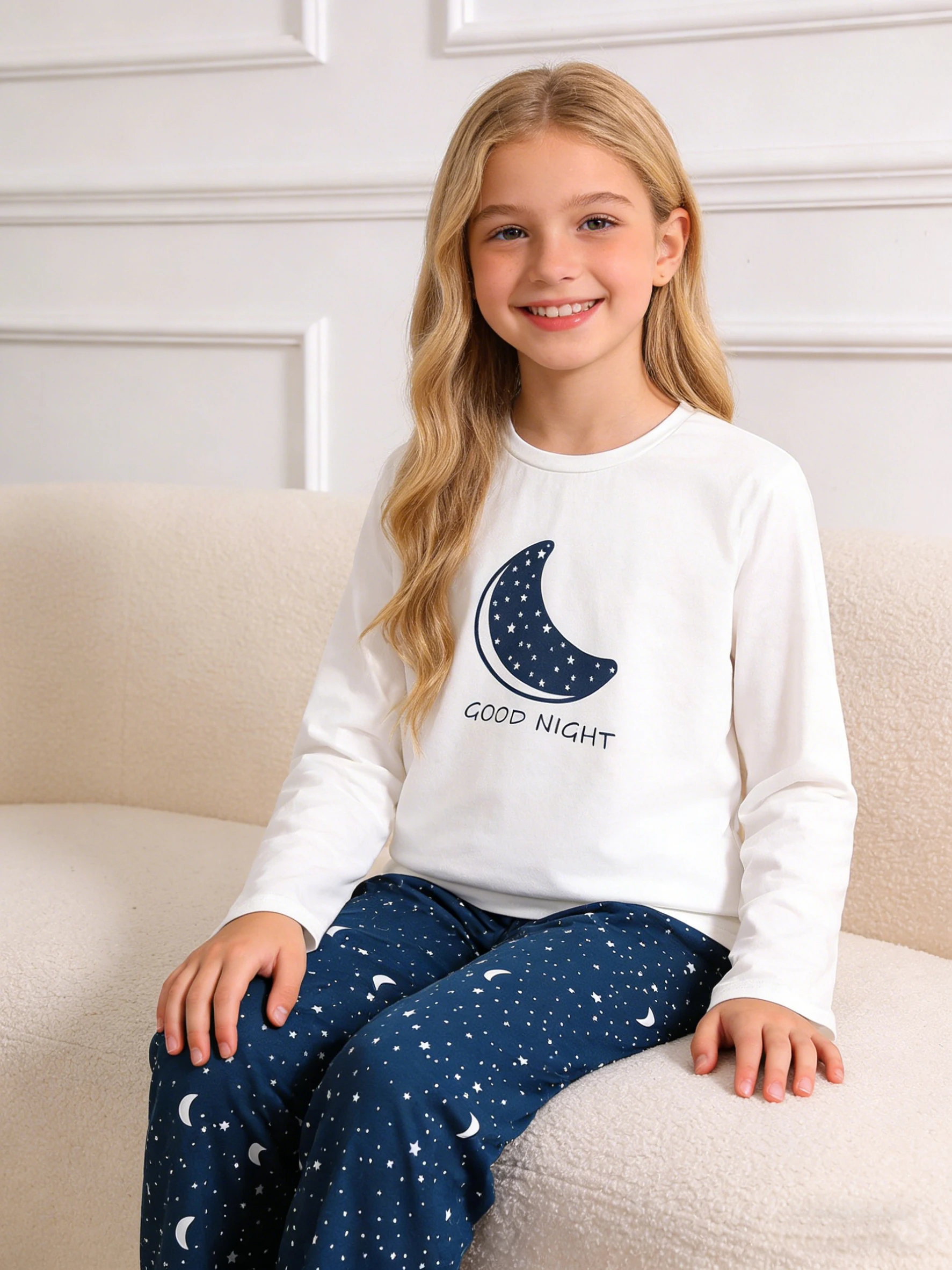 Girls' top and trousers set, girls' fashion air conditioning room clothes moon, suitable for casual home wear