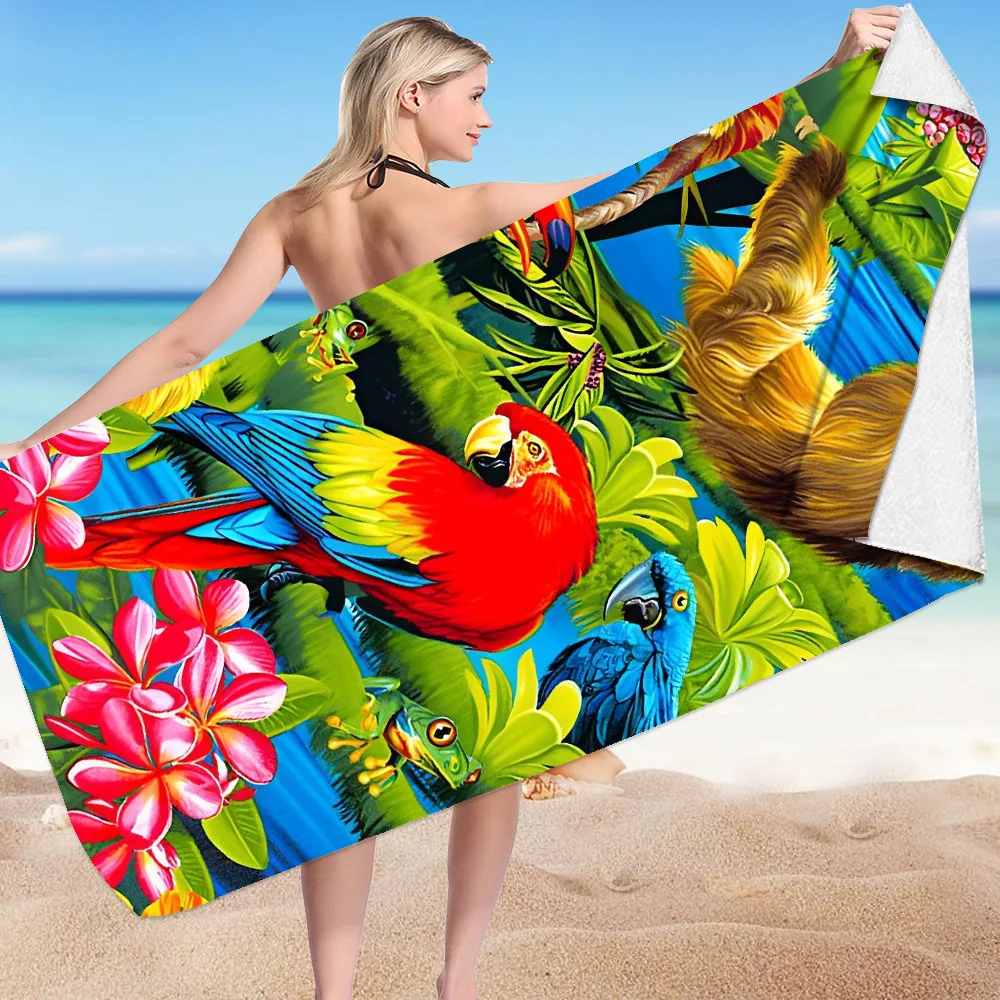 Summer Plant Parrot digital-printed polyester Superfine fiber double-sided fleece Beach vacation bath towel, beach towel