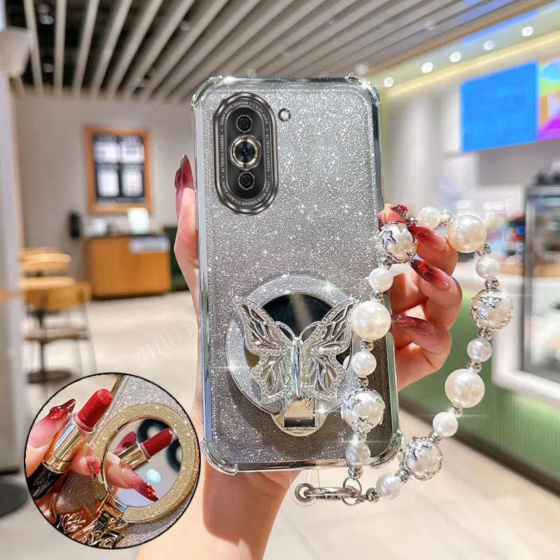 Bijoux sangle lanière paillettes Bliss papillon support de téléphone étui pour Huawei Nova 4e 7 8 9 10 11 12 13 SE Pro support couverture arrière