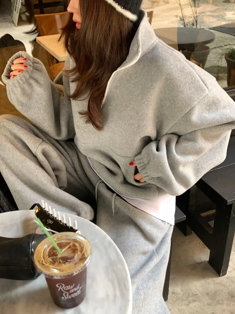 

Double-Sided Rice Velvet Hoodie Jaet Women's Loose Warm Autumn Winter Set with Dstring Trousers Faionable Streetwear