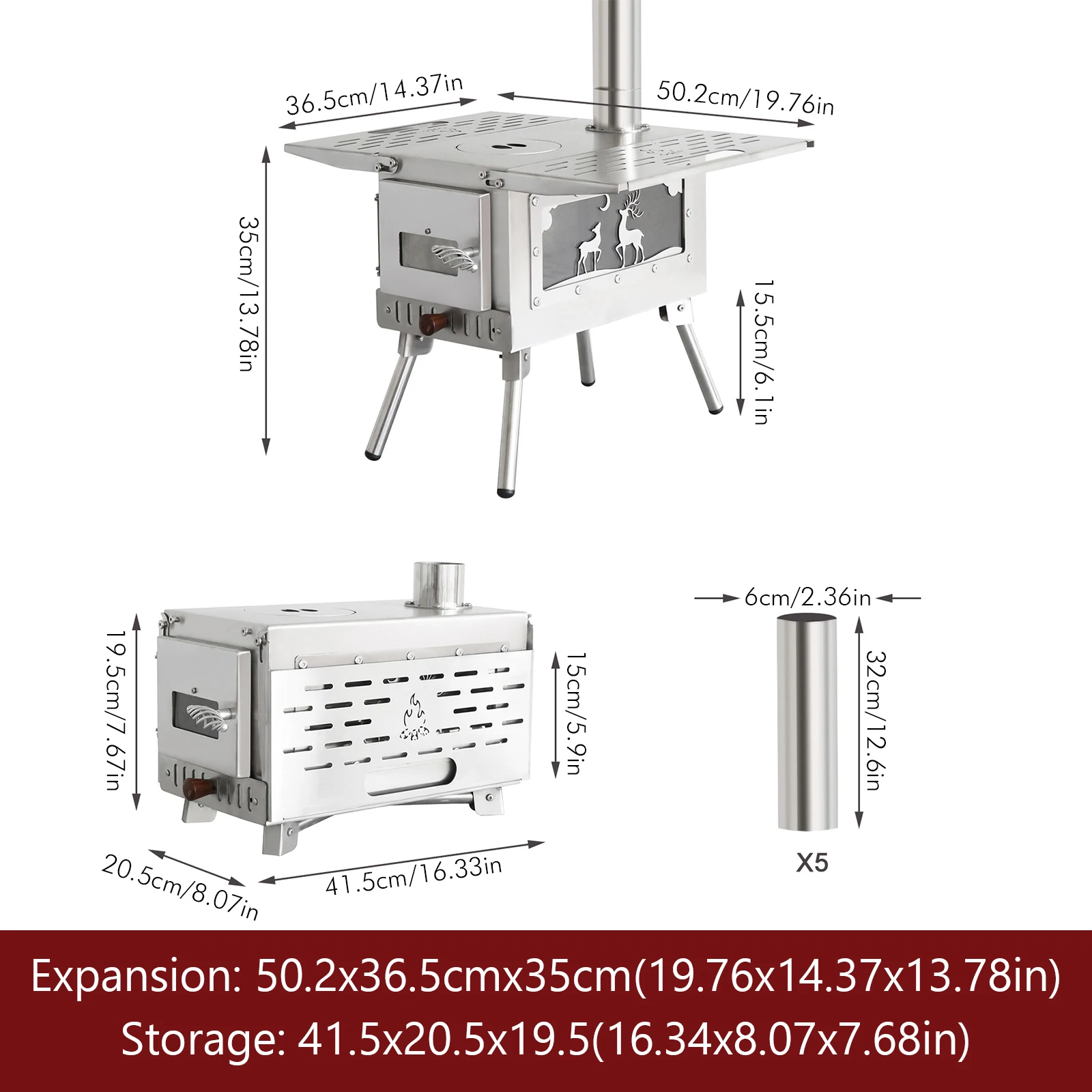 موقد حرق الخشب المحمول من الفولاذ المقاوم للصدأ، موقد خيمة ساخن مع أنبوب مدخنة، موقد بيليه للطهي في الهواء الطلق والمشي لمسافات طويلة