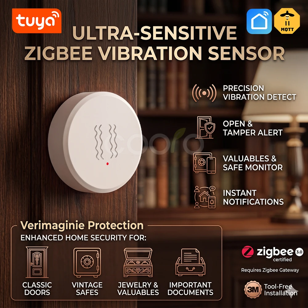 

Tuya Zigbee Smart Vibration Sensor Detection Smart Life App Notification Real-Time Motion Shock Alarm Record Need Hub