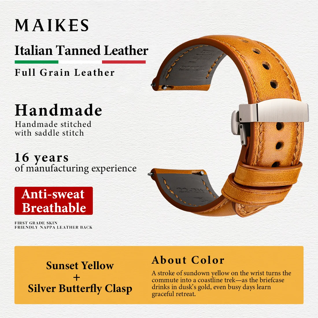 MAIKES Italian Vegetable Tanned Leather Watch Strap Handmade Stitching With Butterfly Buckle 19mm 20mm 21mm 22mm 24mm Watchbands