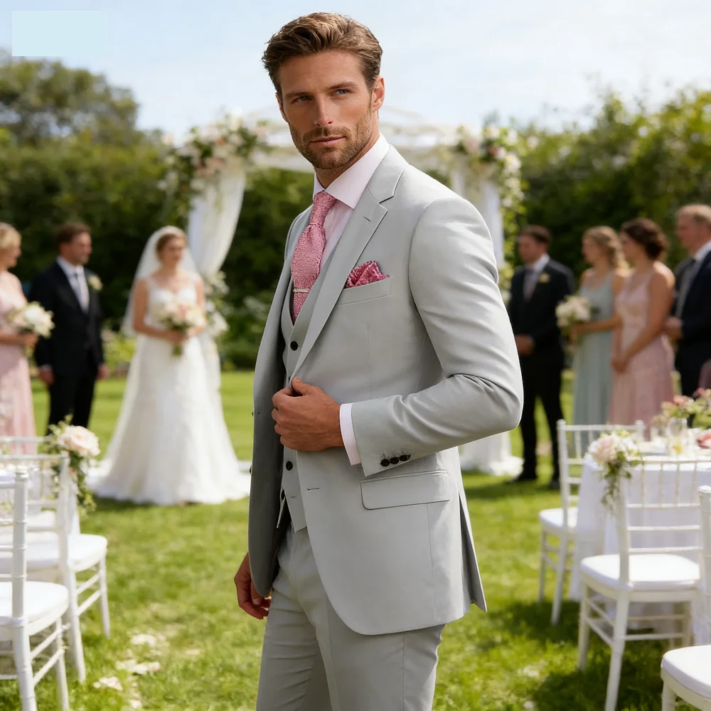 

Мужской розовый костюм-тройка slim fit с брюками и жилетом, классический однотонный, для свадьбы, на заказ