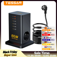TESSAN PD 65 W USB C Charger Multiple GaN Fast Charger with 6 Ports and 2 AC Plugs USB Charging Station Multiple with 2 m