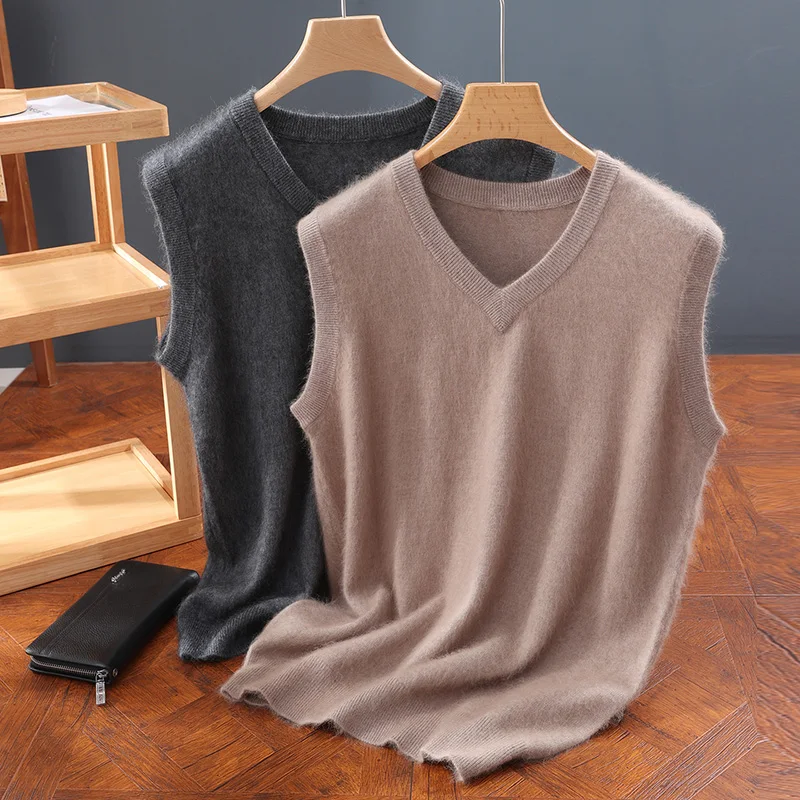 Sweater Vest Men Mink Cashmere V-neck Sleeveless Knitted Sweaters Vests Solid Color Simple Chic Loose Casual All-match Tank