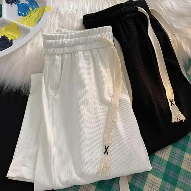 

Men's Ice Silk Straight Leg Casual Pants Summer Faionable All-Match Dstring Spor Leisure Trousers Drapey Polyester Fiber