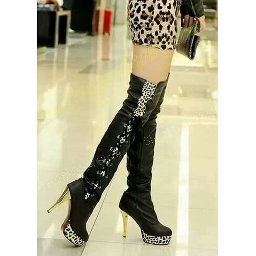 

Leopard Print Side Strappy Over the Knee Boots Platform Stiletto High Heel Fashion Sexy Women Shoes 2024 Zapatos Para Mujere