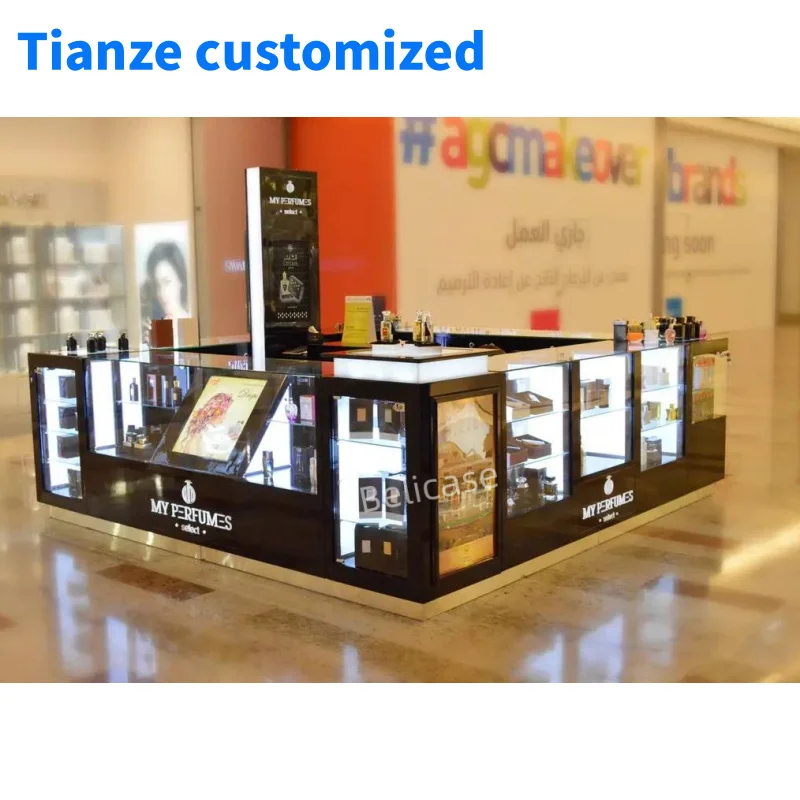 （customized）Elegant Perfume Showcase Design Cosmetic Display Counter Fragrances Display Cabinet Shopping Mall Perfume Kiosk