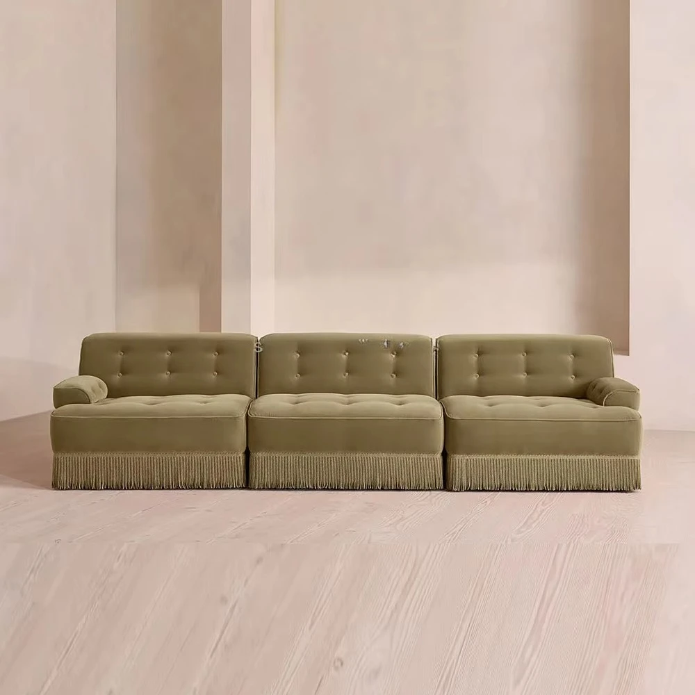 French Contemporary Modular Sofa Velvet Interior Tone Edge Piping Button