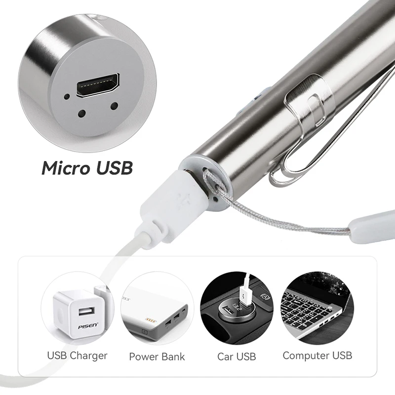 Mini lampe de poche LED aste USB en acier inoxydable, lampe torche, stylo de détection des pupilles, lumière blanche