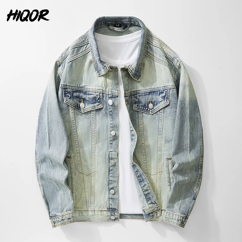 HIQOR Autumn Winter Denim Jackets Men Fashion Letter A Embroidery Design Washed Vintage Men\'s Jacket Coat Oversize Mens Clothing