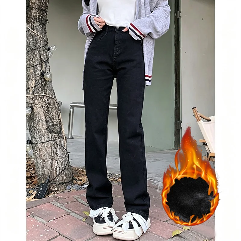 Hot Sale Winter Lady Snow Warm Fleece Thin Jeans Women Narrow Straight Leg Thermal Pants Lady High Waist Plush Trousers