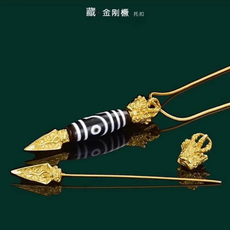 

Three-sided Vajra scepter, Tibetan-style, finely crafted in Nepal, with threaded buckle head, empty bead holder, vintage-style a