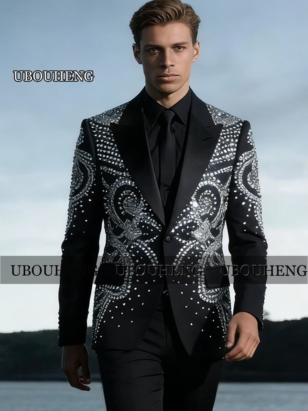 

Роскошные свадебные смокинги с дизайнерскими камнями и блестками, индивидуальный пошив, приталенный крой, мужские костюмы-двойки, комплекты из 2 предметов, для жениха, для выпускного вечера, мужской пиджак