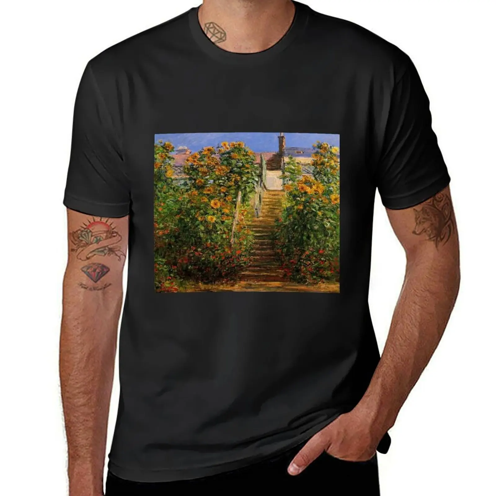 Claude Monet -The staircase, flowers T-Shirt quick drying summer tops plain mens t shirt