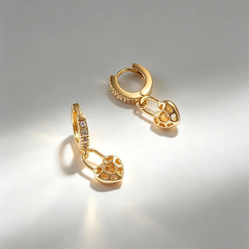 Lovely Cute Gold Color Plating Hollow Heart Charm Mini Zircon Paving Hoop Earrings For Women Girl Delicate Jewelry Gift