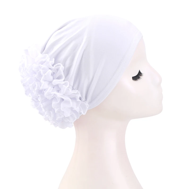 Neuer atmungsaktiver Chiffon-Hut mit großen Blumen, einfarbig, dünne Bodenkappe, islamischer Kopfwickel, elastischer Anti-Haarausfall-Hut für Damen – Detail 4