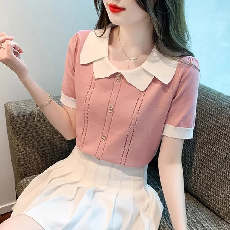 Women\'s Summer Casual Fashion Simplicity Doll Collar Short Sleeve T-Shirt Women Clothes Elegant All-match Temperament Slim Tops