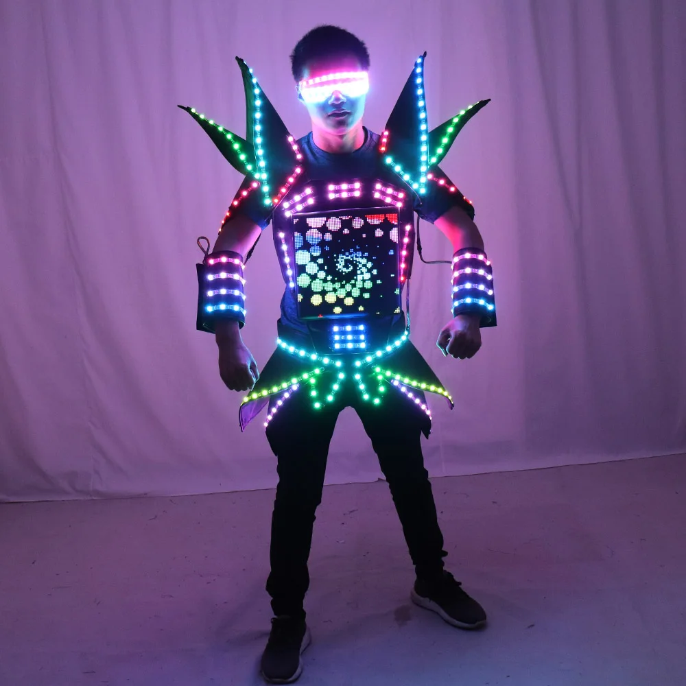 LED Robot Display Costumes Party Performance Wears Armor Suit Colorful Light Mirror Clothe Club Show Outfits Helmets Disco