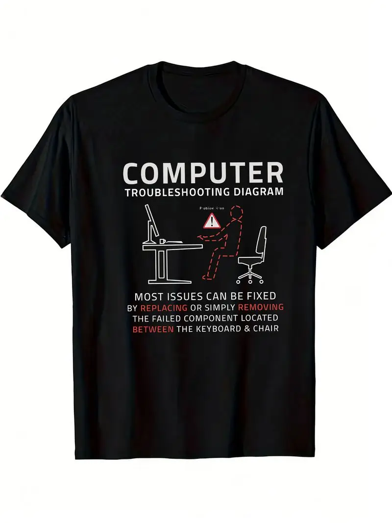 Men's Summer T-Shirt Comfortable Breathable Quick-Dry Tee, Programmer Humor Computer Troubleshooting Diagram Minimalist Line Art