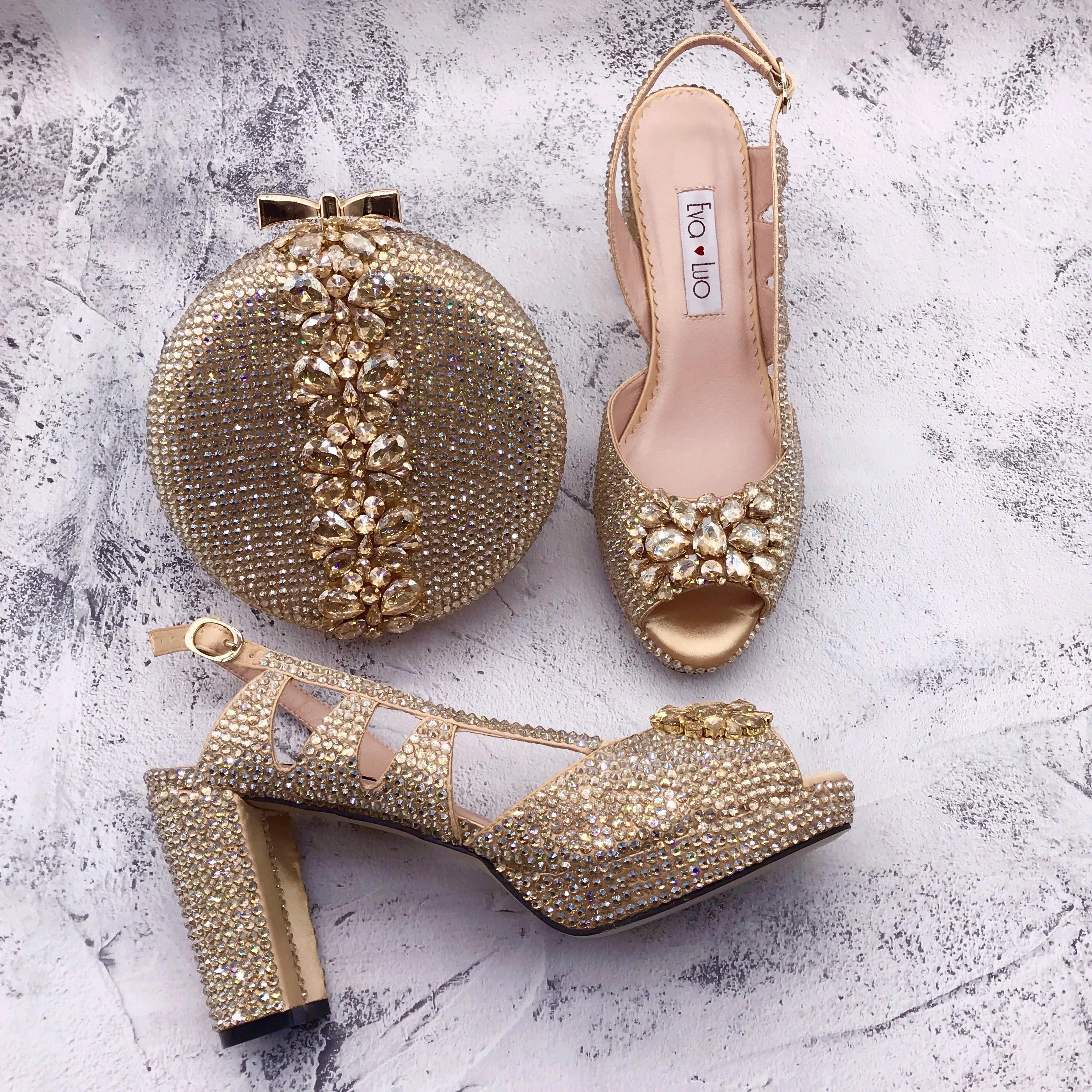 BS1553  Customizable Various Heel Women Shoes Dress Pumps  Bridal Wedding Shoes  Champagne  Gold Crystal Shoes With Matching Bag