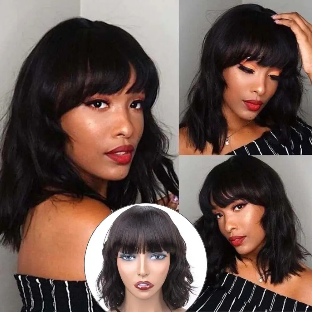 Fashion Women Natural Wavy Full  Natural Black Bob Curly With Bangs wig