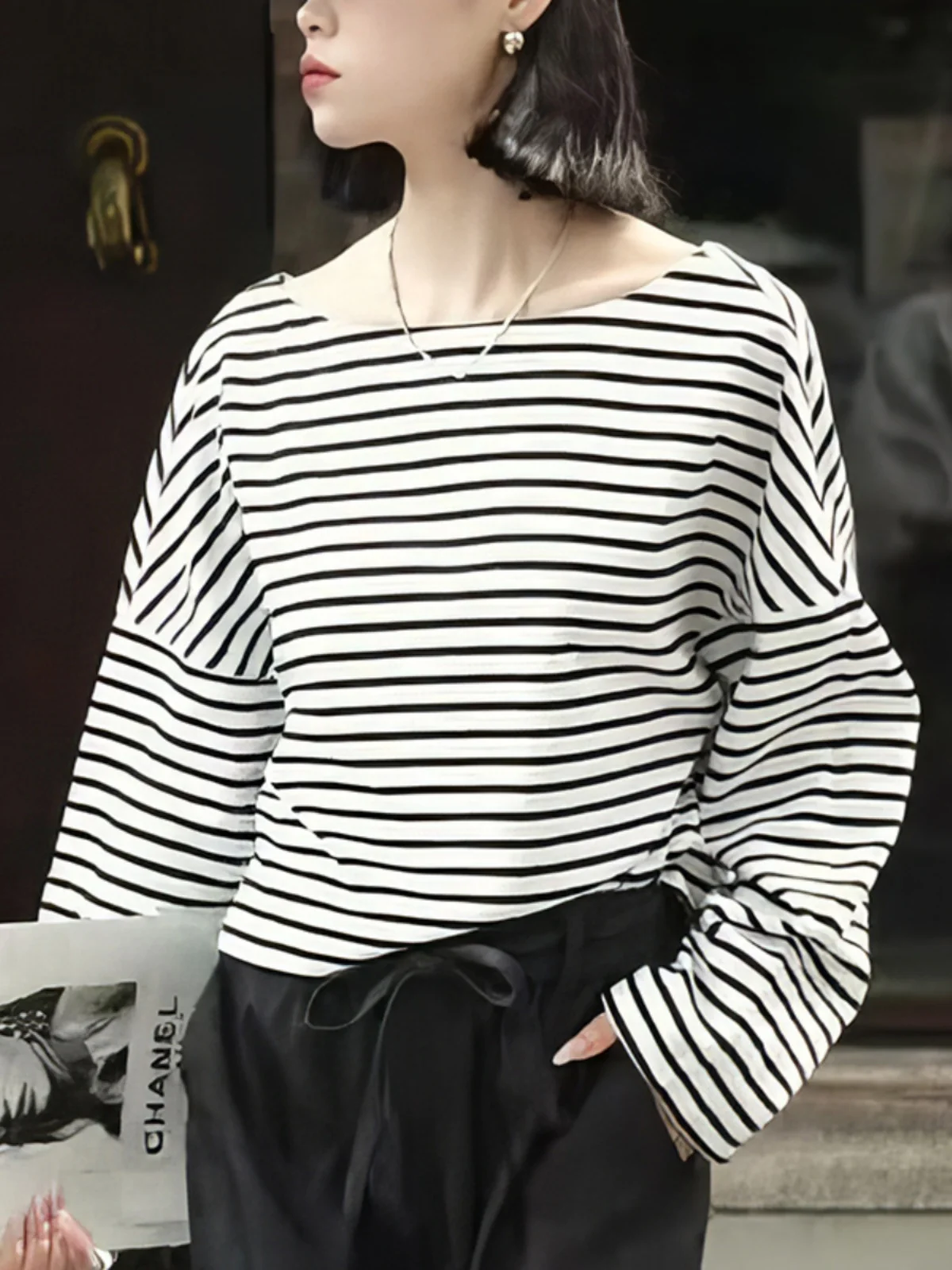 

Comfortable Thin New Women's T-irt Crew Ne Lazy Sle Artistic Striped Top Trendy Spring Faion Korean Loose Fit Long Sl...