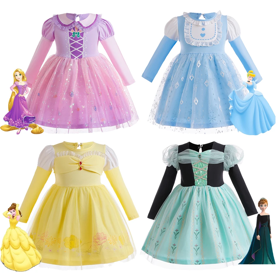 Disney Princess Dress for Girls Little Baby long-sleeved Dress Rapunzel Belle Frozen Elsa Anna Baby Costume Halloween Mesh Dress