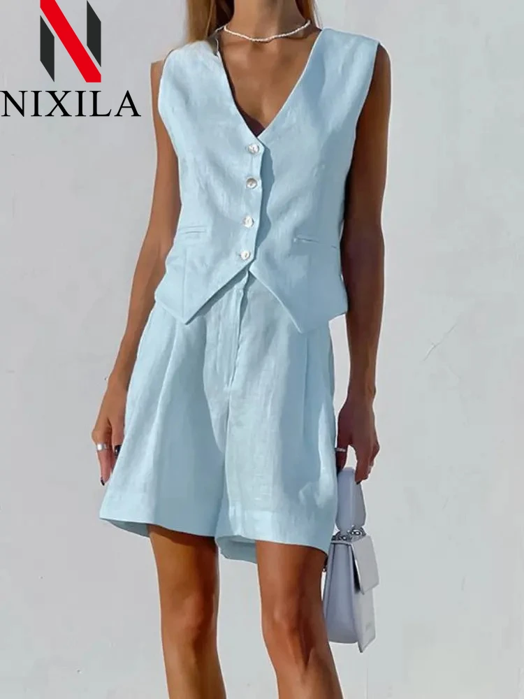 Novità in estate gilet di cotone set corti canottiera casual senza maniche pantaloncini set da 2 pezzi set da donna set di pantaloni bianchi da donna da ufficio