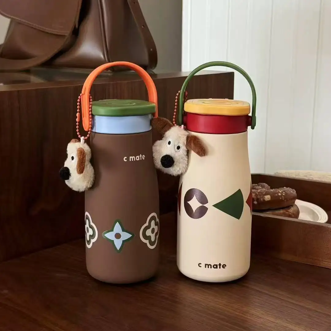 

600ml Geometric Milk Mug With Handle,Stainless Steel Vacuum Thermos Cup,Double-layer,Double-drink,Student Thermal Water Bottle