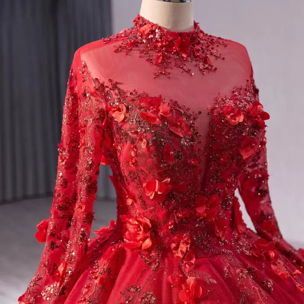 Red Evening Dress With Long Sleeves Lace-Up Keyhole Back Pearls Appliques Sequined Robe De Soiree For Women